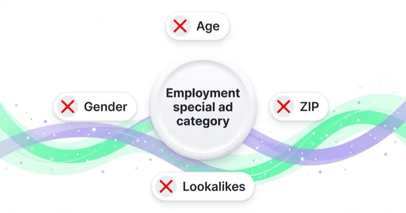 Meta Employment special ad category restricts targeting: no age, gender, ZIP or lookalike targeting for candidate ads.