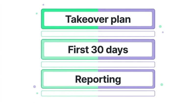 Diagram: How to choose the incoming agency for a takeover — Takeover plan, First 30 days, Reporting.