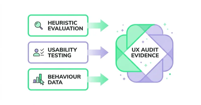 Diagram: three sources of UX audit evidence — heuristic evaluation, usability testing, behaviour data.
