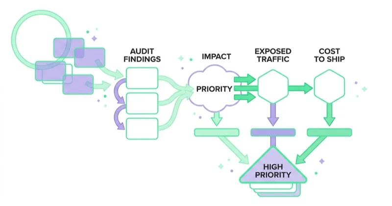 Diagram: prioritising audit findings by impact, exposed traffic and cost to ship.