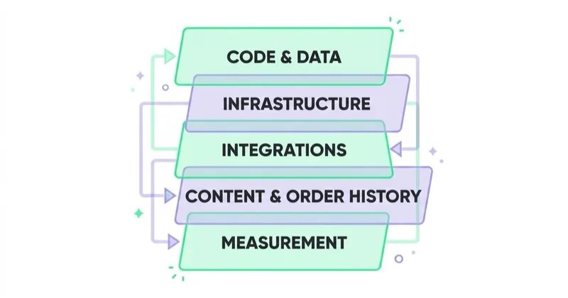 Seven ownership layers of an e-commerce tech stack: code, data, infrastructure, integrations, content, order history, measurement.