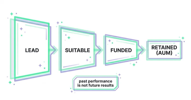 An investment funnel measuring suitable, funded, retained assets under management rather than raw leads.