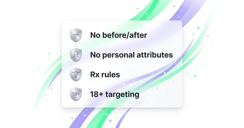 Weight loss ad compliance map: no before/after, no personal attributes, prescription rules and 18+ targeting.