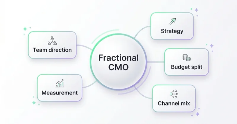 What a fractional CMO owns — a hub connecting strategy, budget split, channel mix, measurement and team direction.