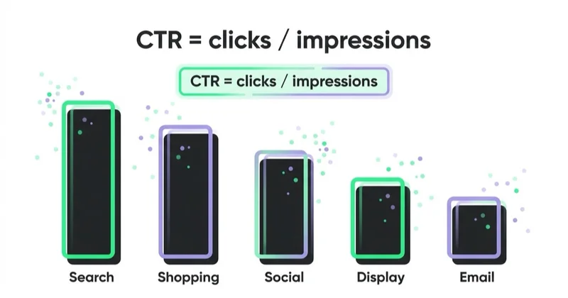Diagram: CTR formula and how a good rate varies by channel.