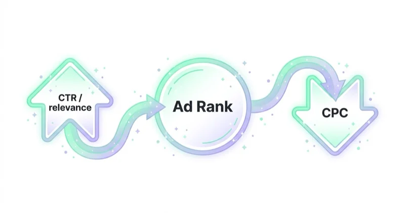 Diagram: how higher CTR lowers CPC via Ad Rank.