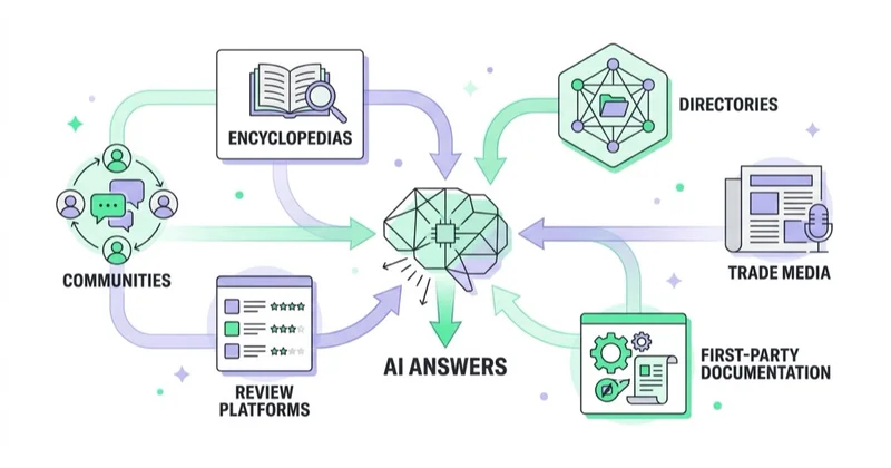 Six third-party source types AI answers draw on: communities, encyclopedias, directories, review platforms, trade media, first-party documentation.