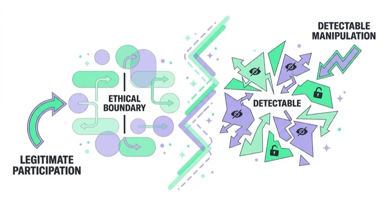 The ethical boundary: legitimate participation on the left, detectable manipulation on the right.