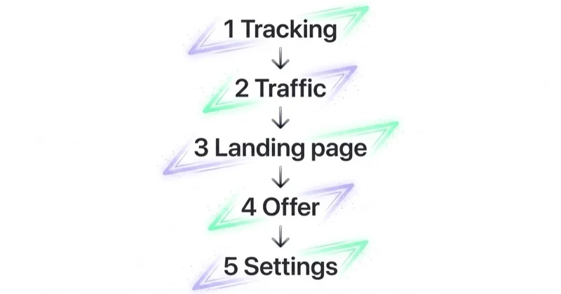 The diagnostic order: tracking, then traffic, landing page, offer, and settings.