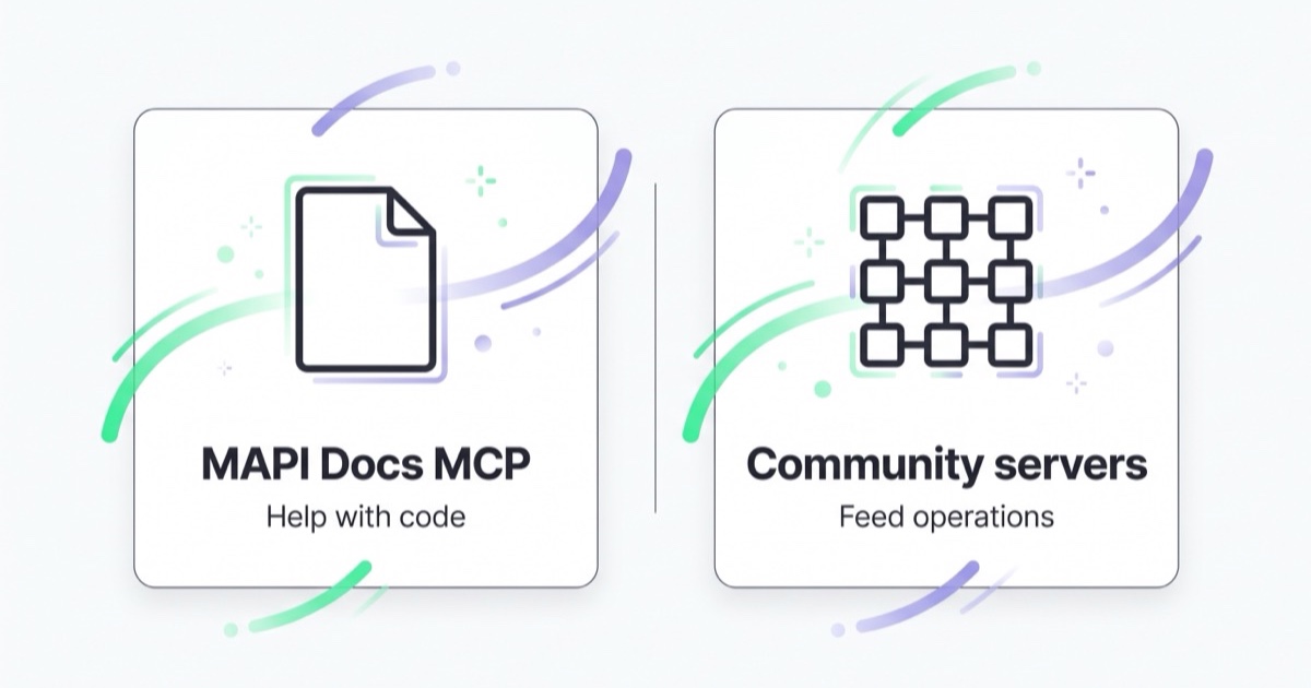 Two meanings of "Merchant Center MCP": the official MAPI Docs MCP helps with code, while community servers operate on the product feed.