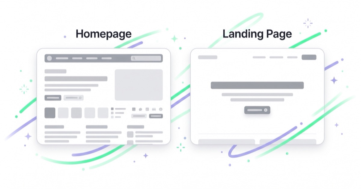 Side-by-side comparison of a homepage with full navigation and many options versus a focused landing page built around one headline and a single call to action.