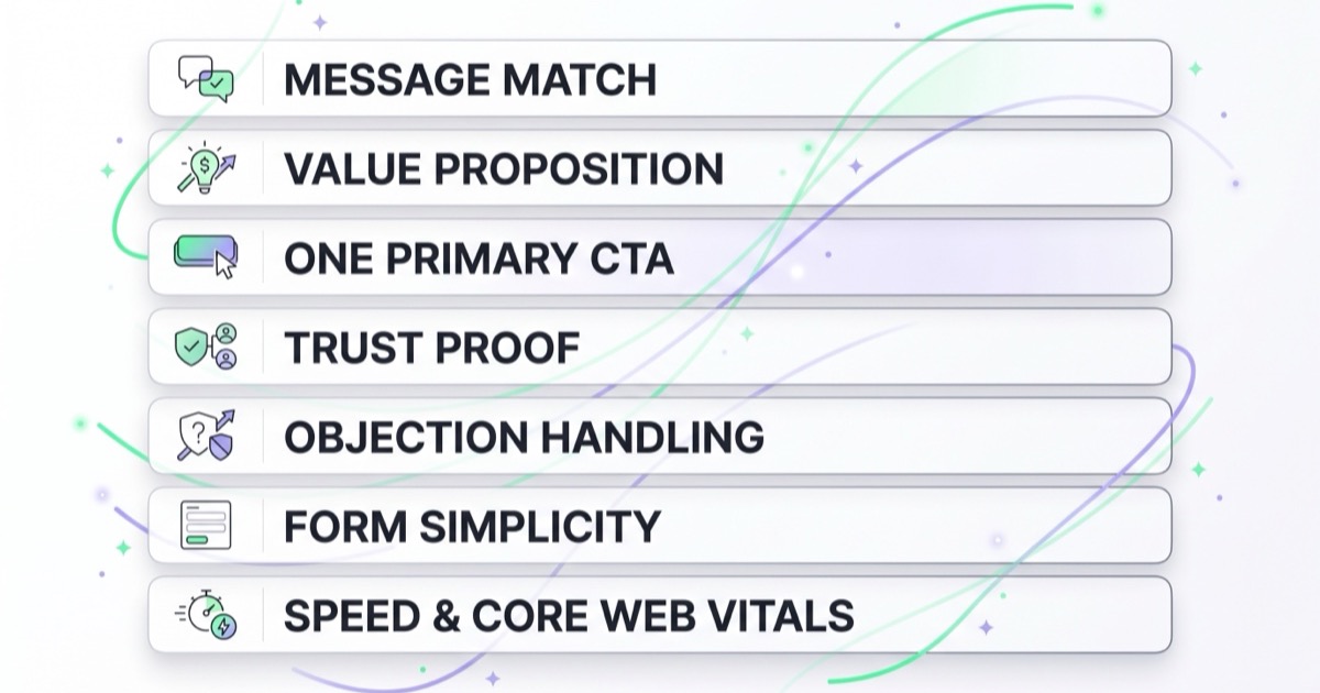 Anatomy of a strong landing page shown as seven stacked layers: message match, value proposition, one primary CTA, trust proof, objection handling, form simplicity, and speed & Core Web Vitals.