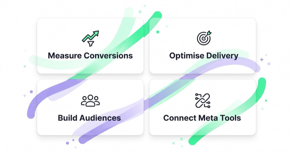 Four-quadrant diagram of what Meta Pixel is used for: measuring conversions, optimising delivery, building audiences and connecting Meta advertising tools.