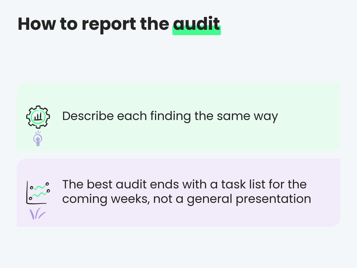 How to report the audit. Describe each finding the same way; The best audit ends with a task list for the coming weeks, not a general presentation.