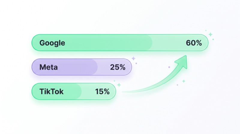 Budget split diagram across Google, Meta and TikTok