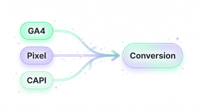 Measurement diagram: GA4, Pixel and CAPI feeding conversion