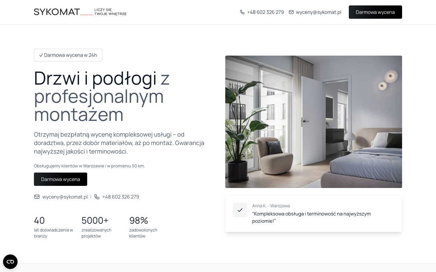 One of the themed Sykomat landing pages — the path to a free quote for doors and floors with installation.